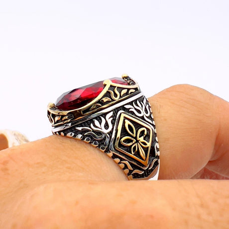 Men's Ruby Oval Stone Silver Ring