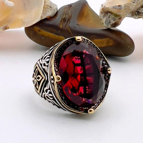 Men's Ruby Oval Stone Silver Ring