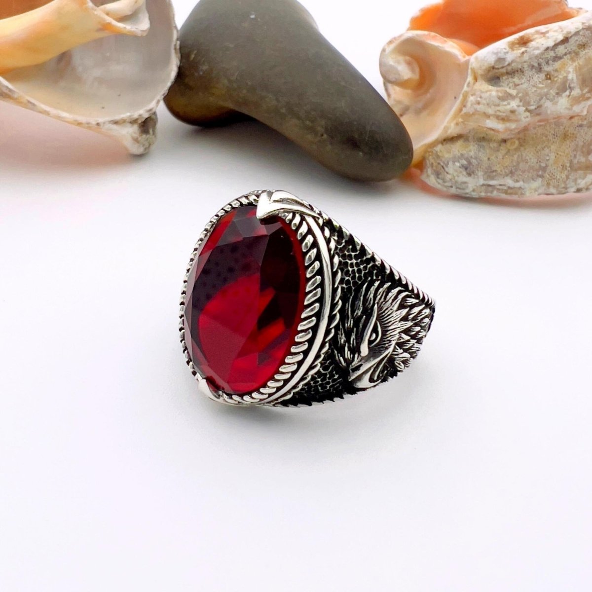 Men's Rugged Turkish Handmade 925 Sterling Silver Eagle Garnet Ring - TryAladdin