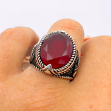 Men's Rugged Turkish Handmade 925 Sterling Silver Eagle Garnet Ring - TryAladdin