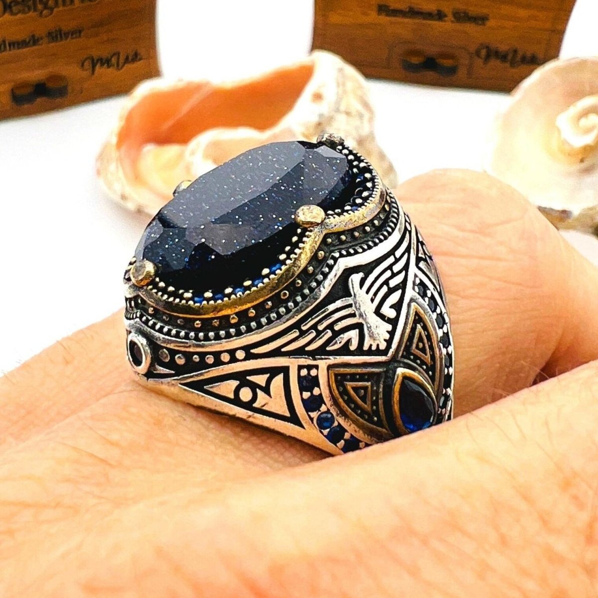 Men's Sandstone Oval Stone Silver Ring