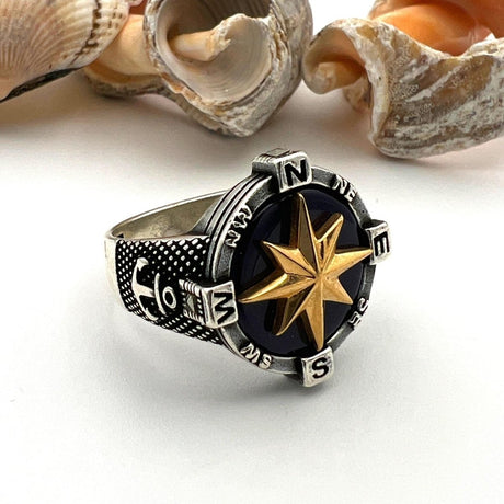 Men's Silver Agate Stone Compass Ring