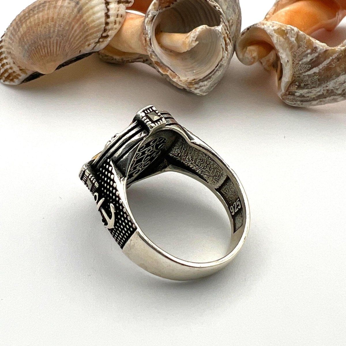 Men's Silver Agate Stone Compass Ring