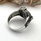 Men's Silver Compass Ring with Agate Stone