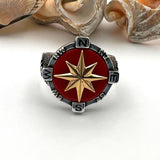 Men's Silver Compass Ring with Agate Stone