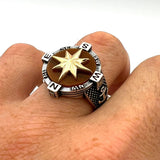 Men's Silver Compass Ring with Agate Stone