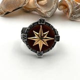 Men's Silver Compass Ring with Agate Stone