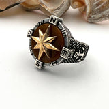 Men's Silver Compass Ring with Agate Stone