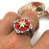 Men's Silver Compass Ring with Agate Stone