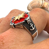 Men's Silver Compass Ring with Agate Stone