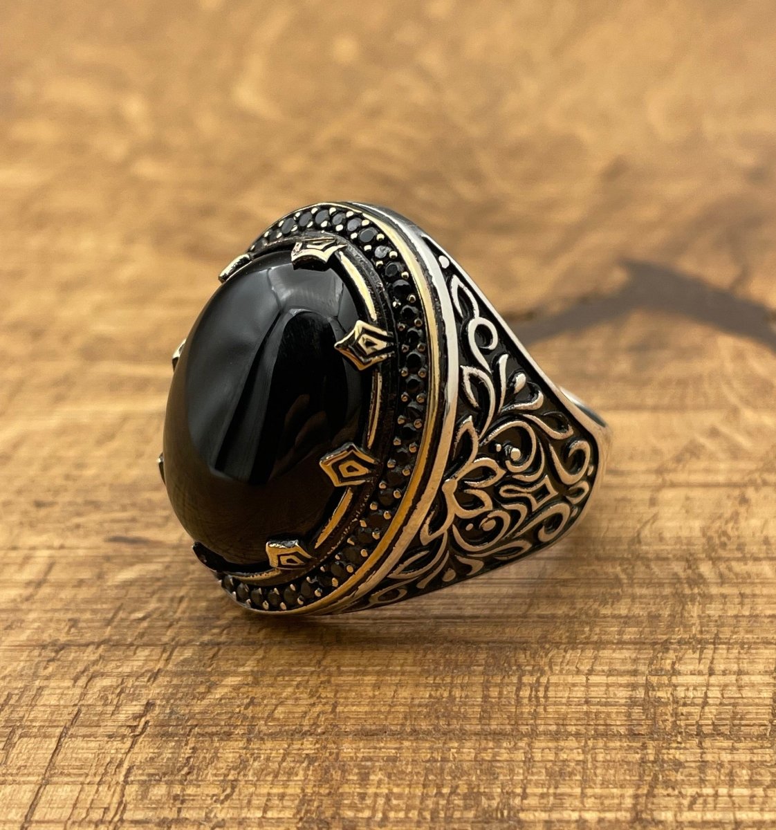 Men's Silver Ring with Black Topaz Onyx Stone