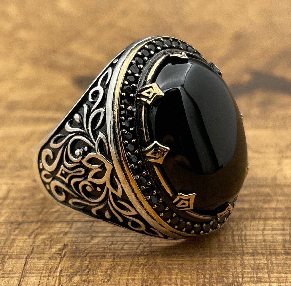 Men's Silver Ring with Black Topaz Onyx Stone