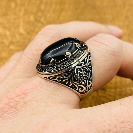 Men's Silver Ring with Black Topaz Onyx Stone