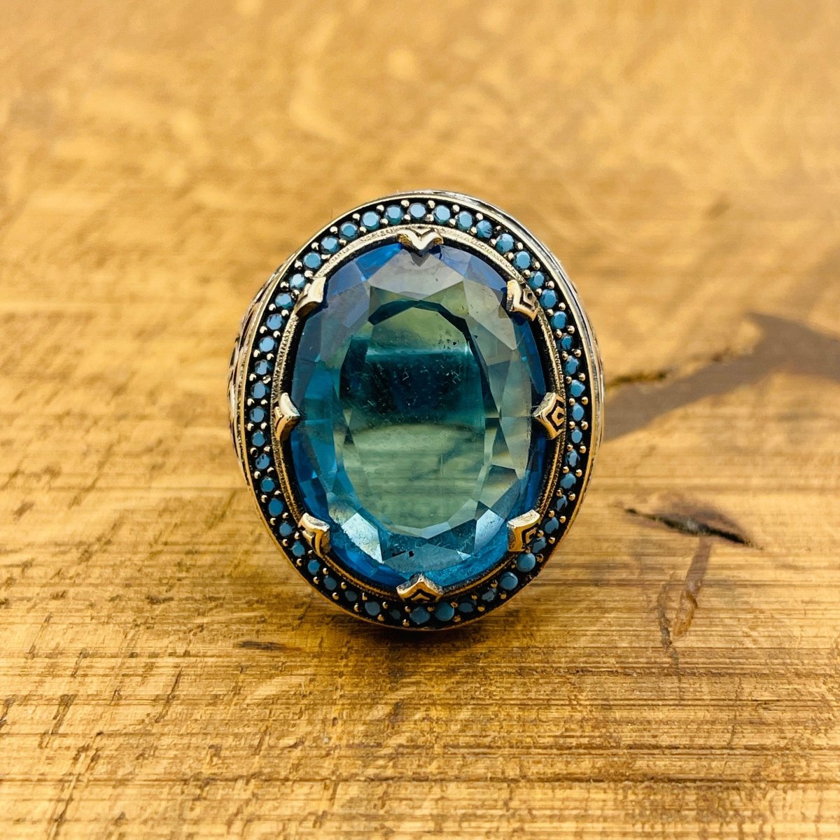 Men's Silver Ring with Blue Aquamarine Stone