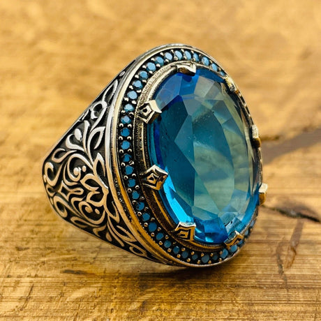 Men's Silver Ring with Blue Aquamarine Stone