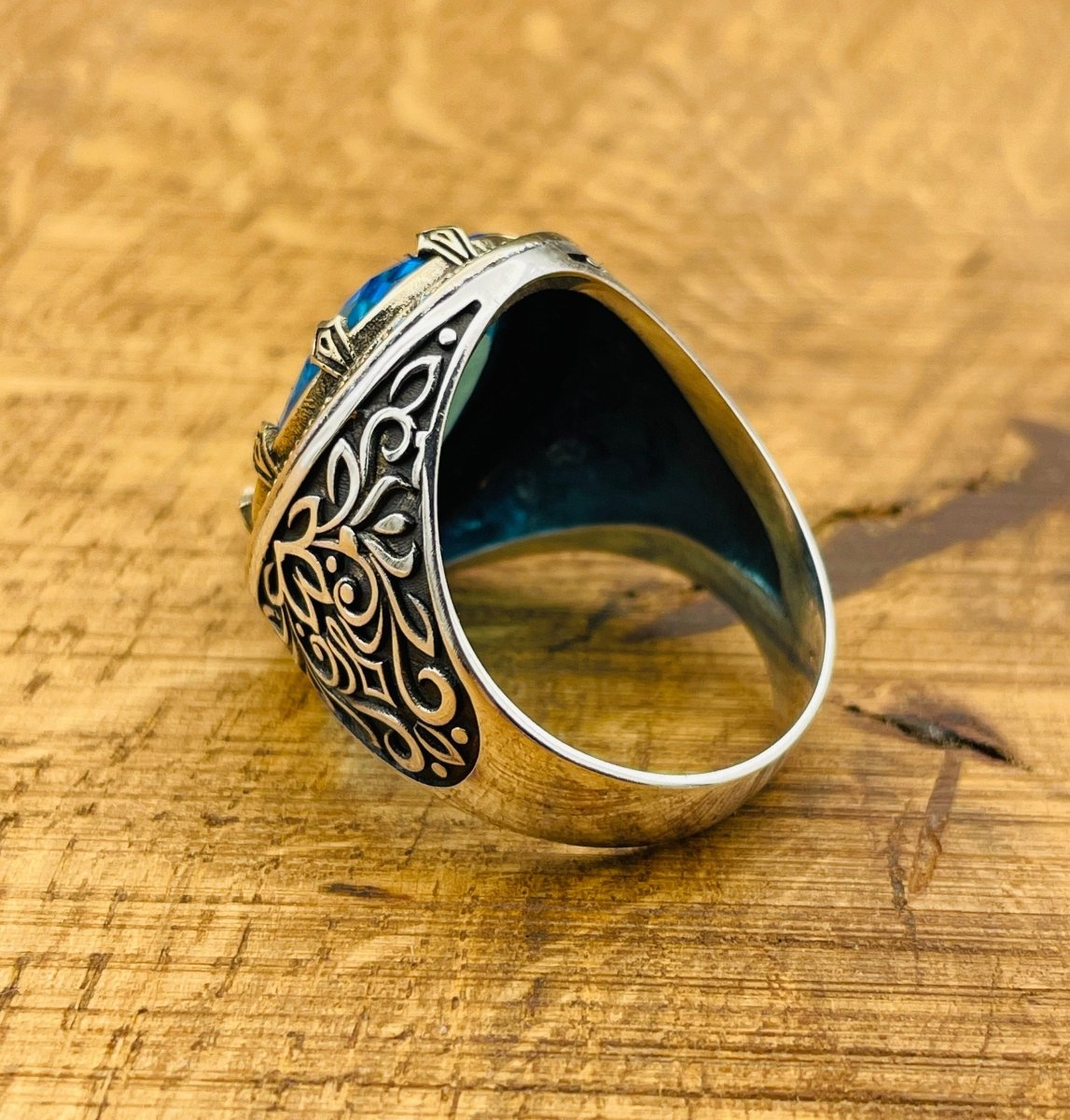 Men's Silver Ring with Blue Aquamarine Stone