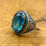 Men's Silver Ring with Blue Aquamarine Stone