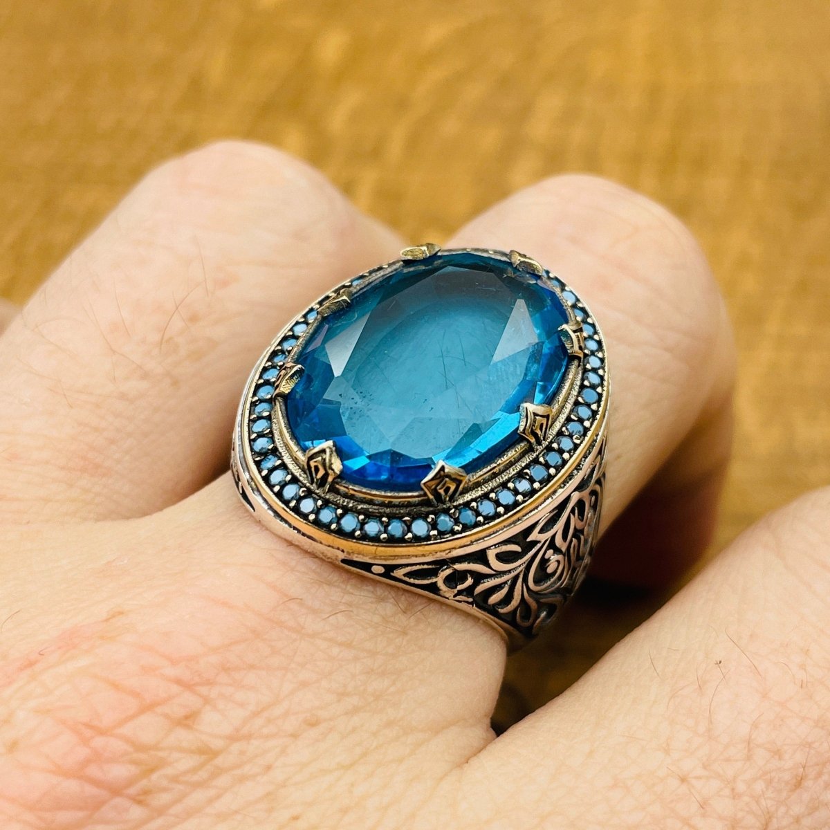 Men's Silver Ring with Blue Aquamarine Stone