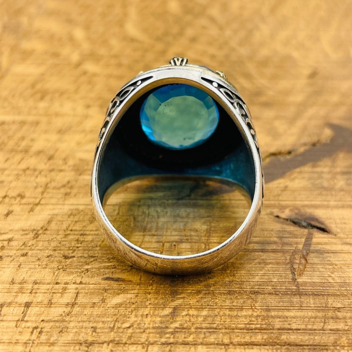 Men's Silver Ring with Blue Aquamarine Stone