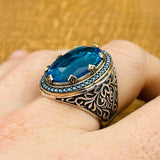 Men's Silver Ring with Blue Aquamarine Stone