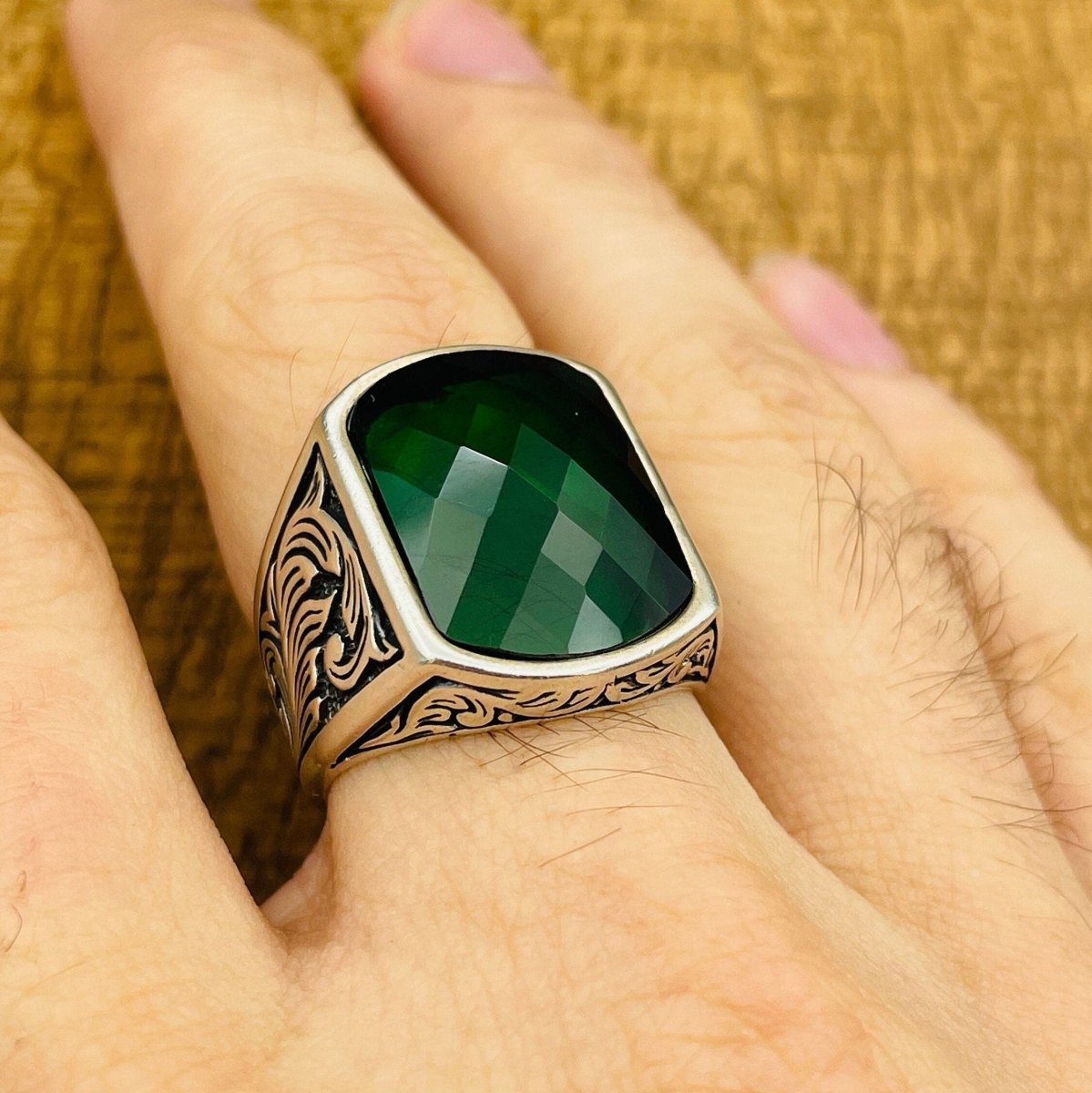 Men's Silver Ring with Green Zircon Stone