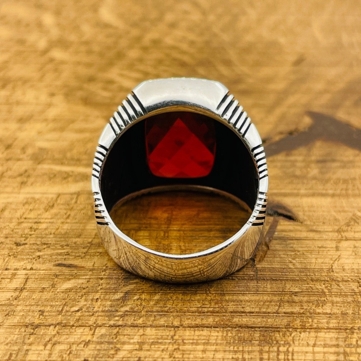 Men's Silver Ring with Red Zircon Stone