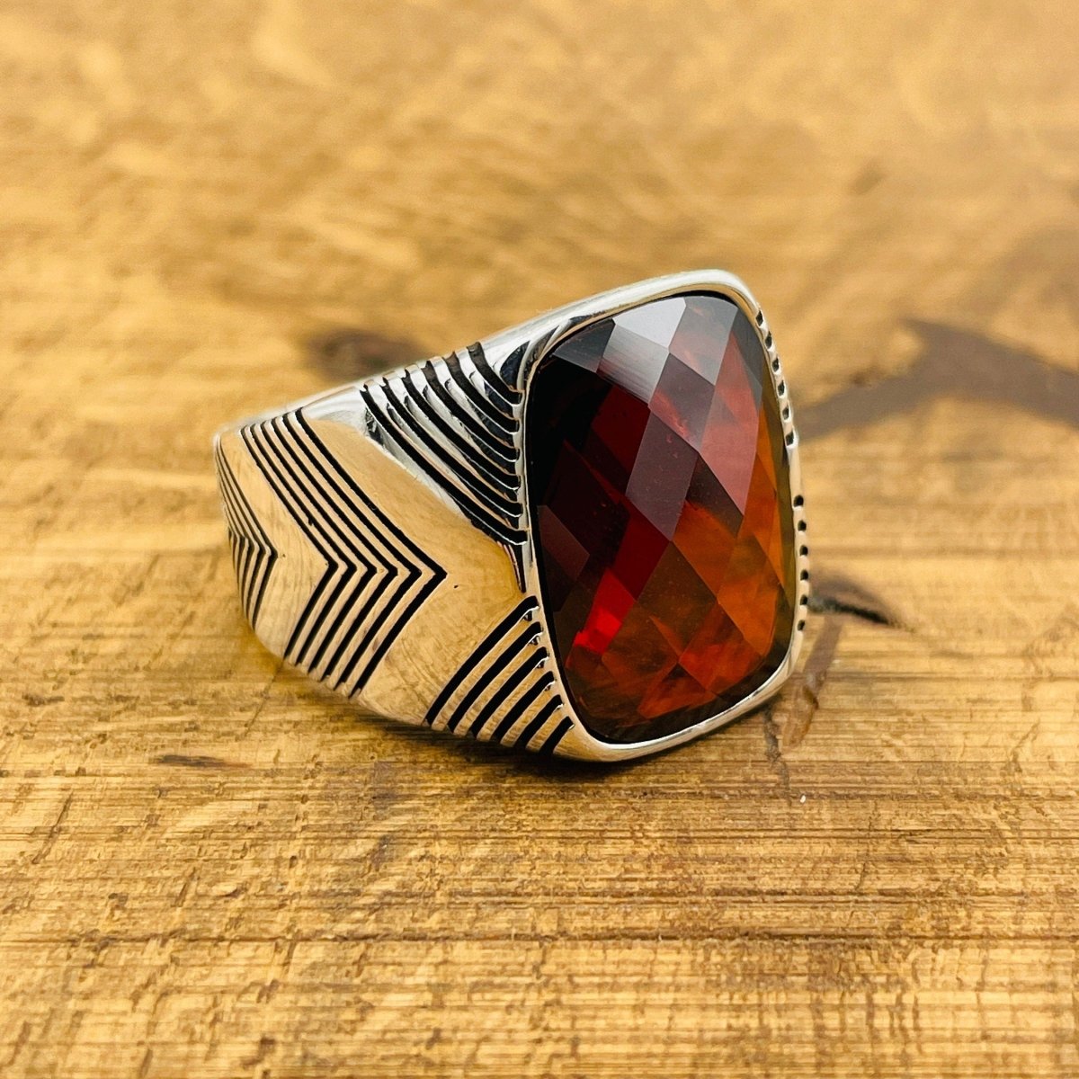 Men's Silver Ring with Red Zircon Stone - TryAladdin