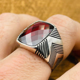 Men's Silver Ring with Red Zircon Stone