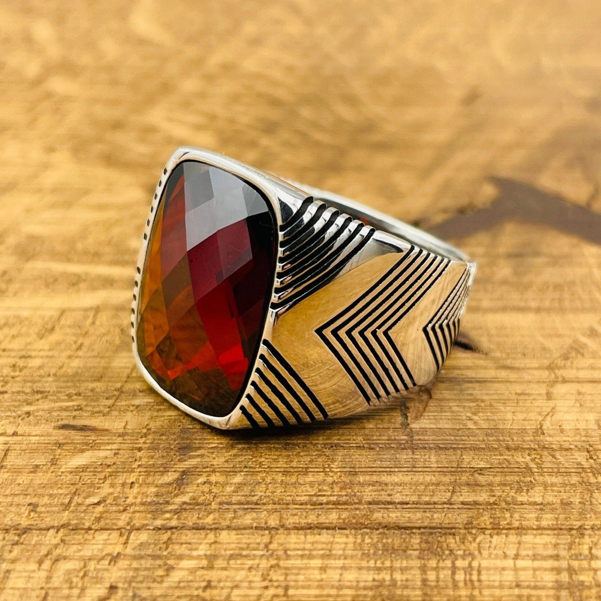 Men's Silver Ring with Red Zircon Stone