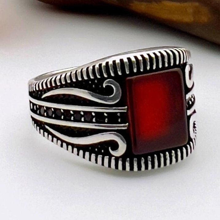 Men's Silver Ring with Square Red Agate