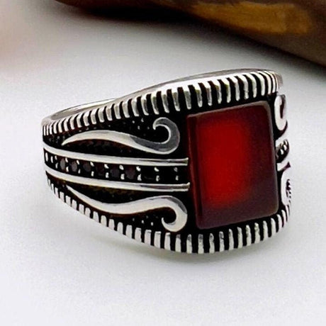 Men's Silver Ring with Square Red Agate