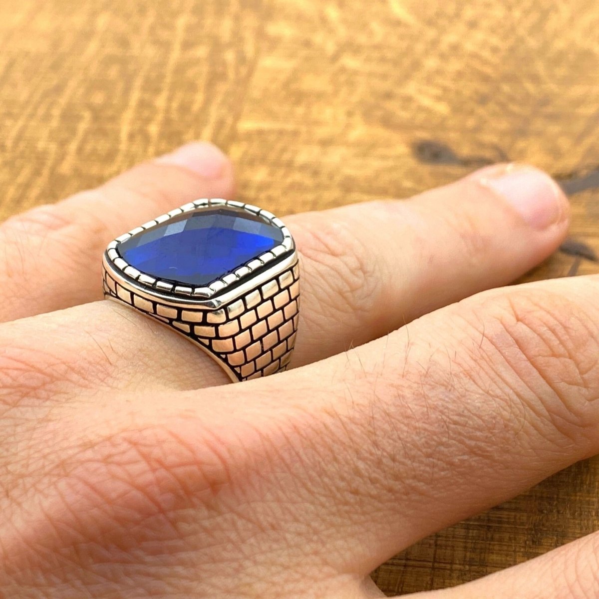 Men's Square Blue Zircon Stone Silver Ring