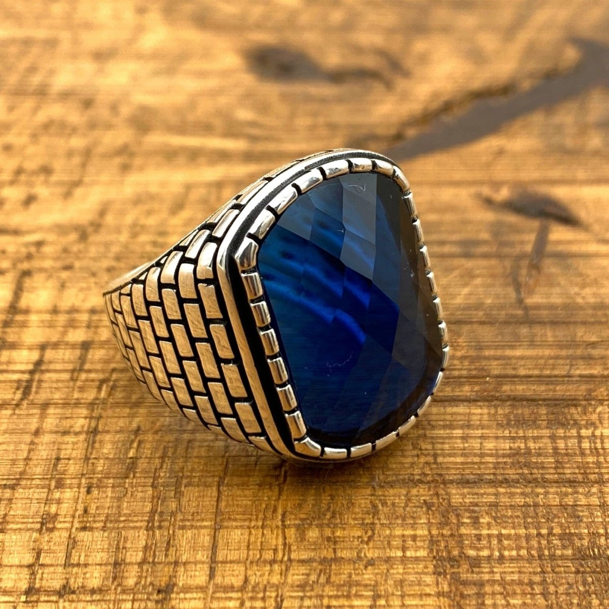 Men's Square Blue Zircon Stone Silver Ring