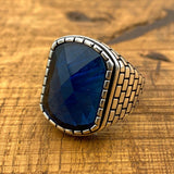 Men's Square Blue Zircon Stone Silver Ring