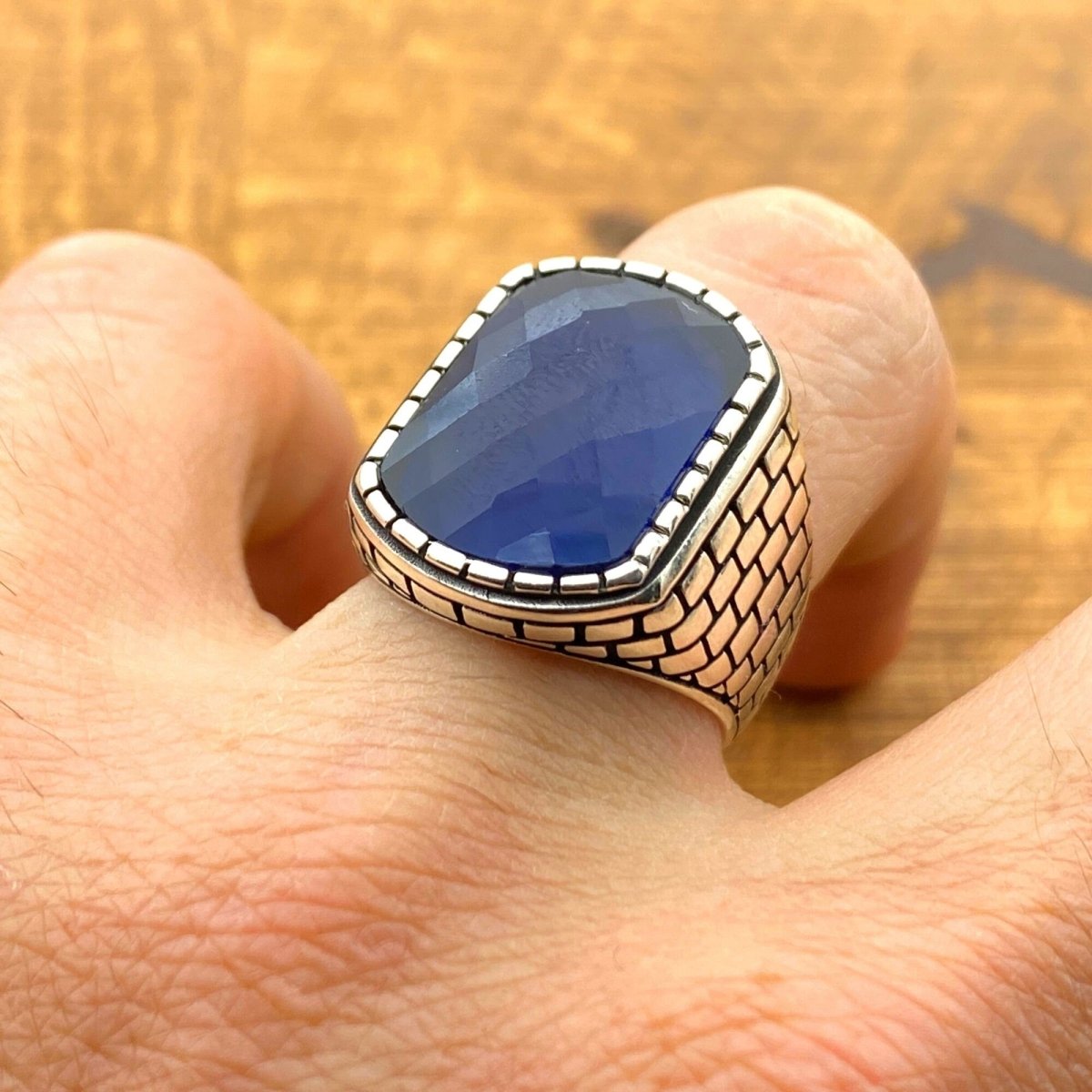 Men's Square Blue Zircon Stone Silver Ring