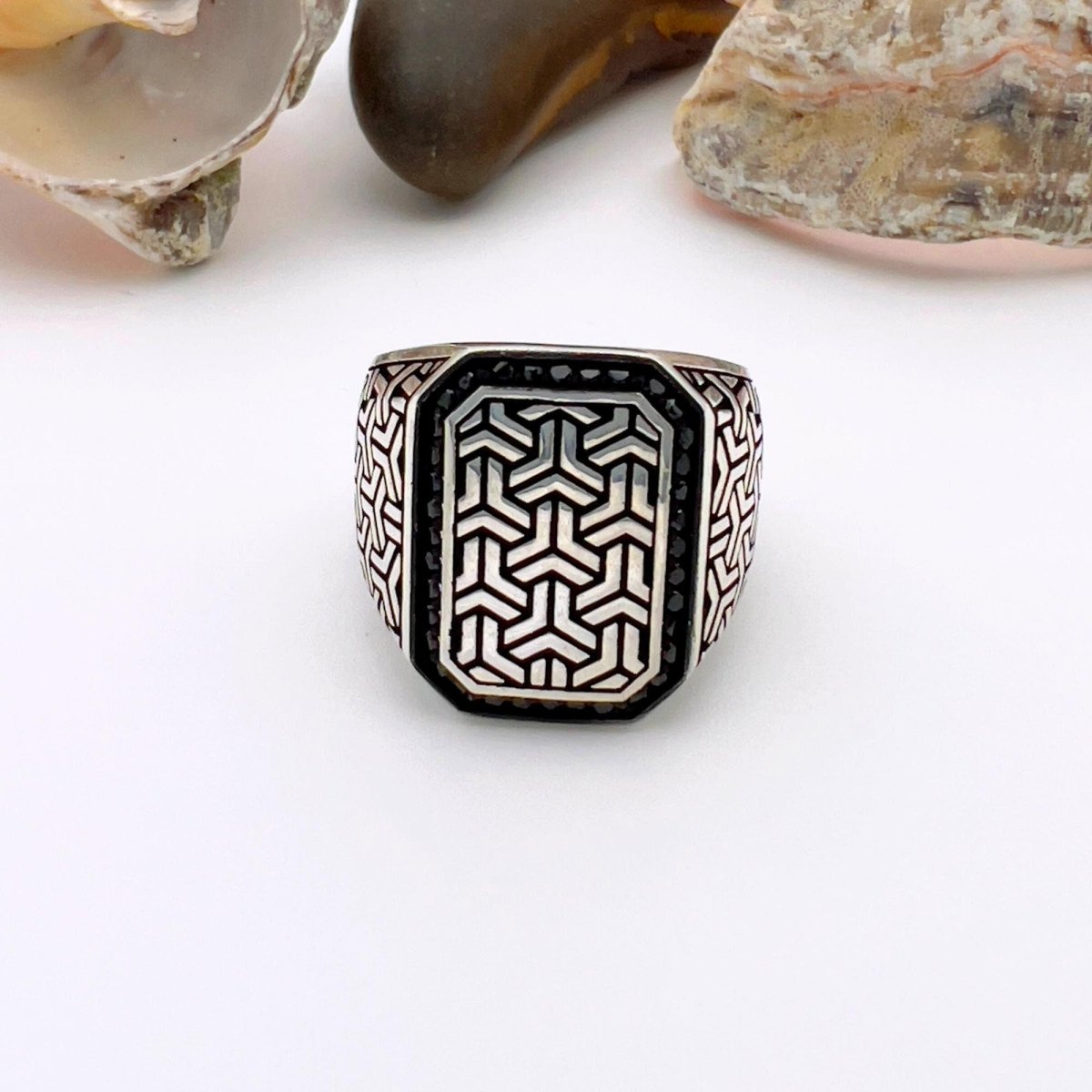 Men's Square Model with Micro Black Onyx Silver Ring