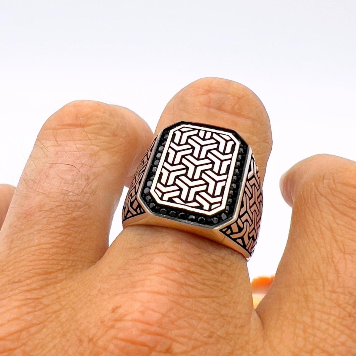 Men's Square Model with Micro Black Onyx Silver Ring