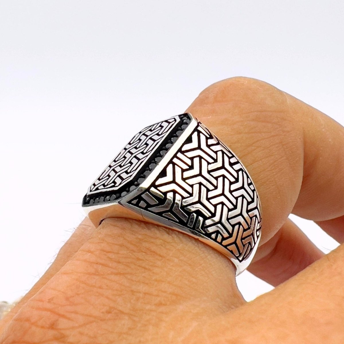 Men's Square Model with Micro Black Onyx Silver Ring