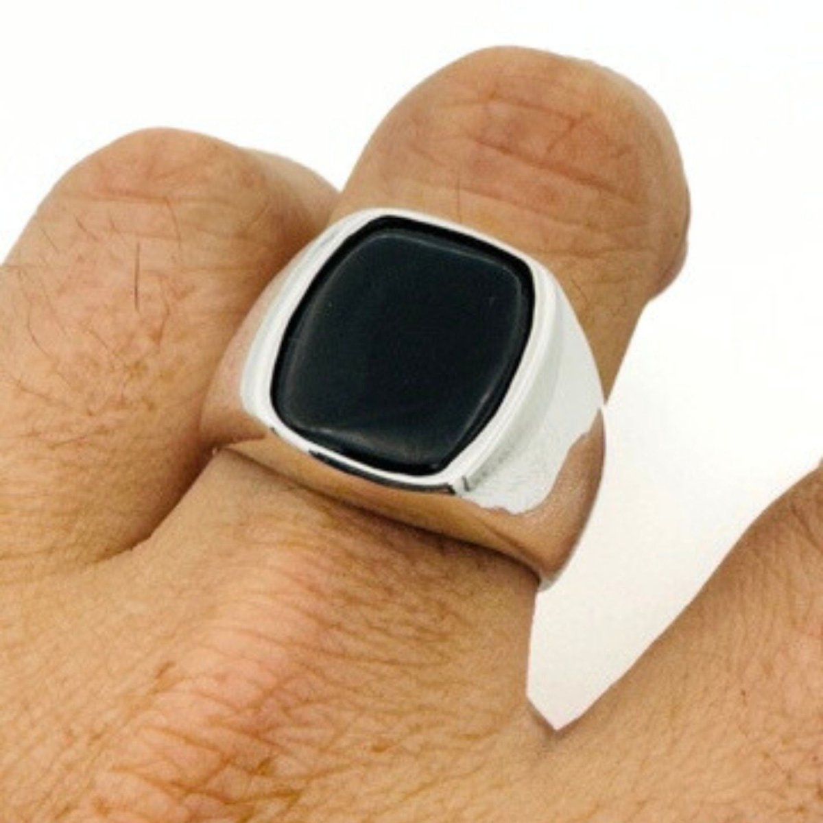 Men's Square Natural Black Onyx Silver Ring