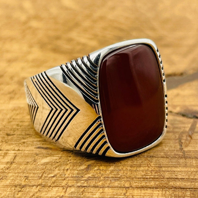 Men's Square Red Agate Silver Ring