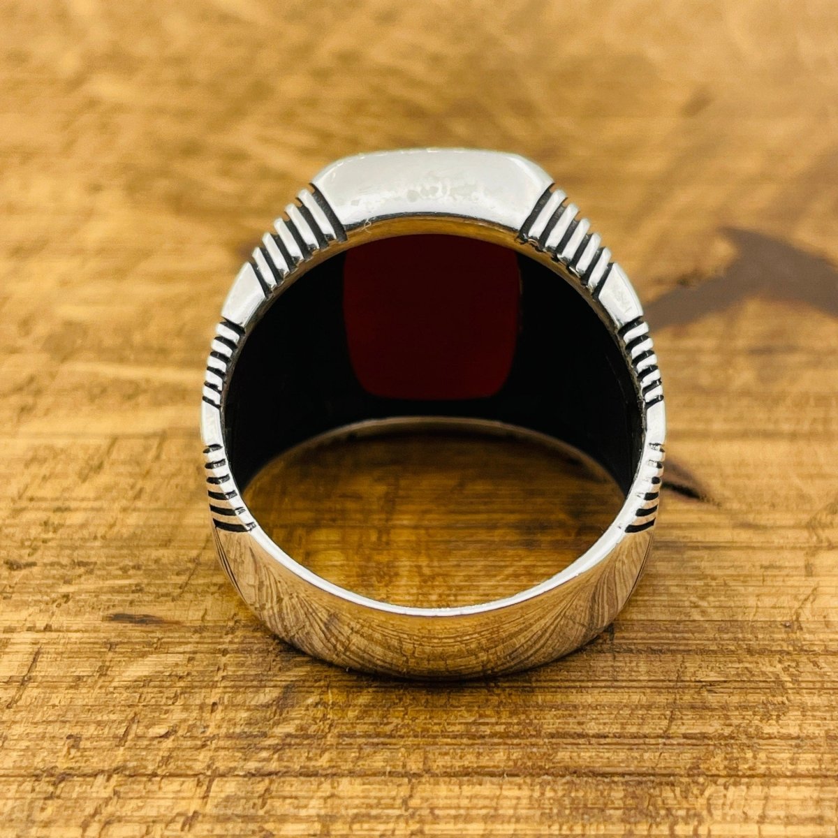 Men's Square Red Agate Silver Ring