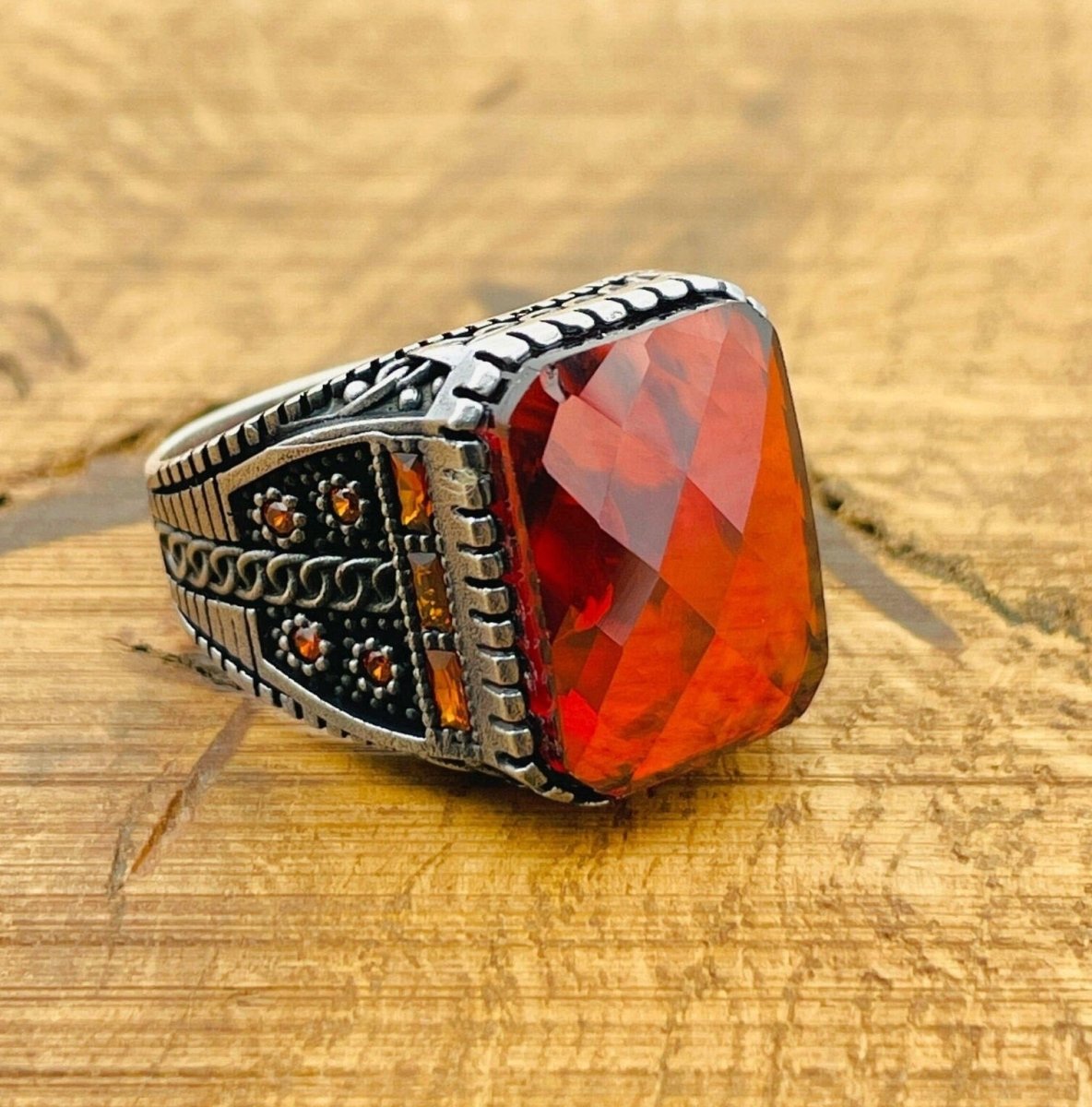 Men's Square Red Zircon Ring