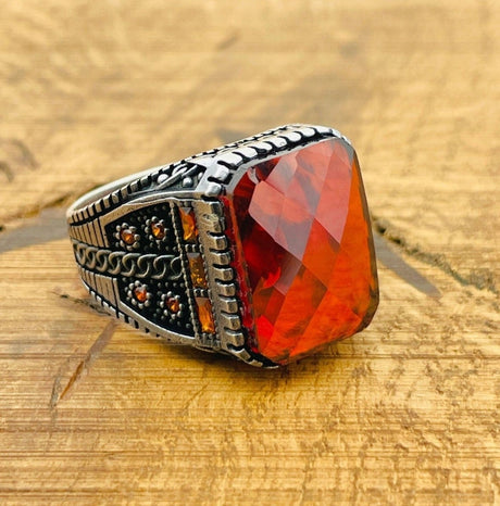 Men's Square Red Zircon Ring