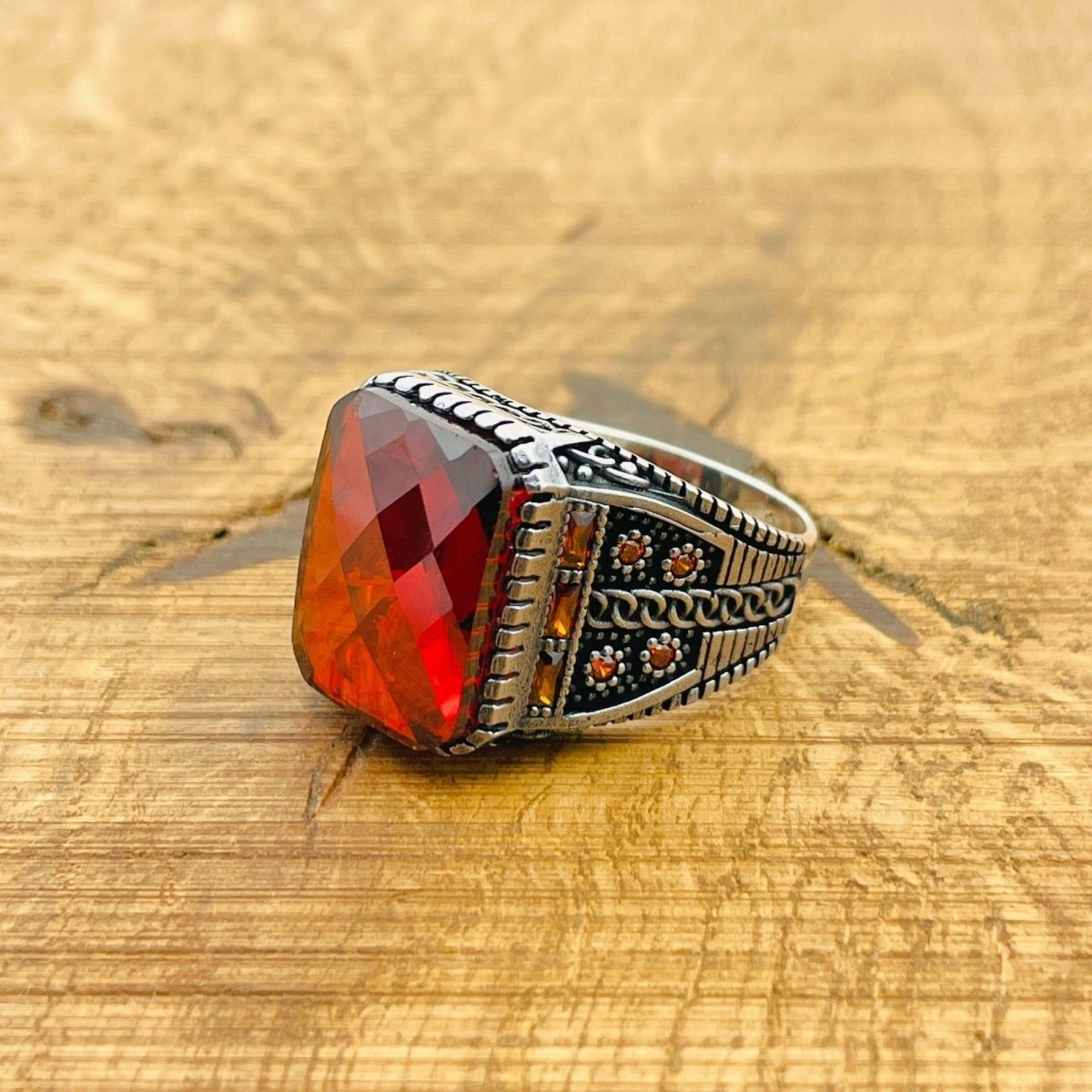 Men's Square Red Zircon Ring