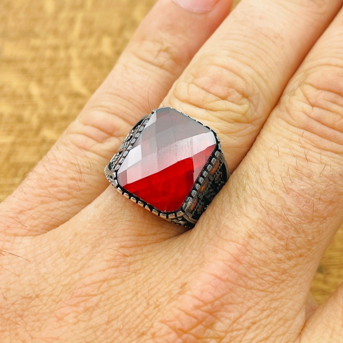 Men's Square Red Zircon Ring