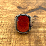 Men's Square Red Zircon Stone Silver Ring