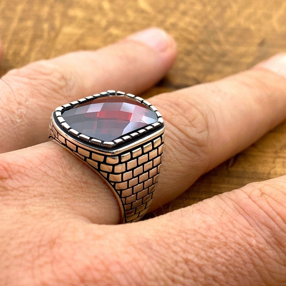 Men's Square Red Zircon Stone Silver Ring