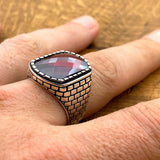 Men's Square Red Zircon Stone Silver Ring