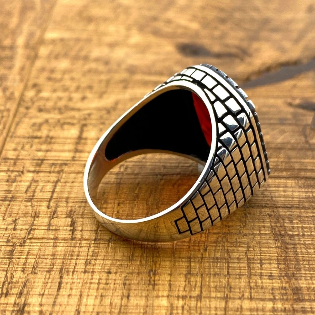 Men's Square Red Zircon Stone Silver Ring