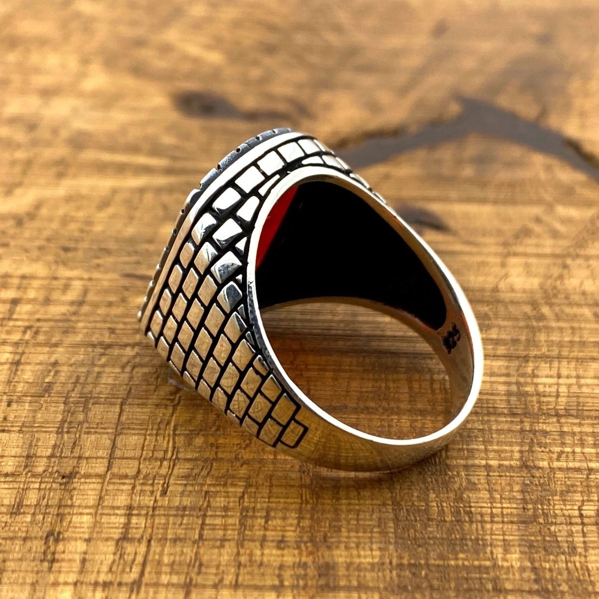 Men's Square Red Zircon Stone Silver Ring